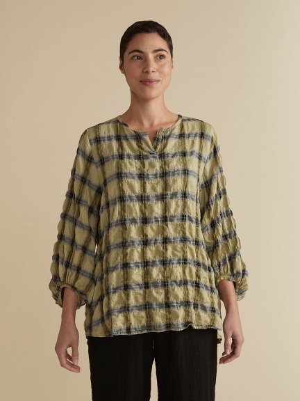 Crinkle Plaid Balloon Sleeve Top by Cut Loose