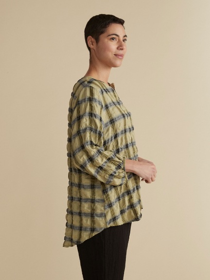 Crinkle Plaid Balloon Sleeve Top by Cut Loose