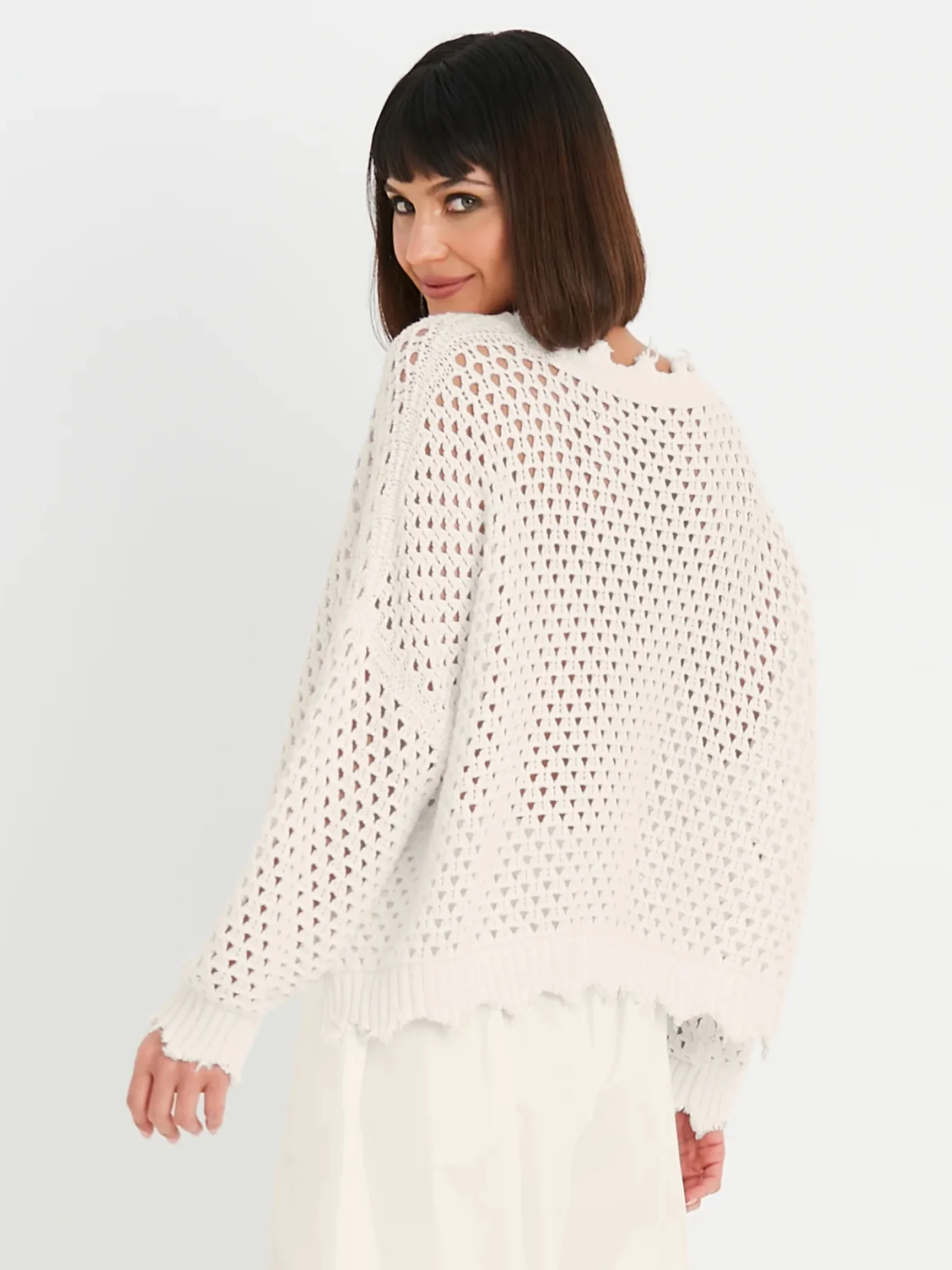 Hamptons Crewneck Crochet Sweater in Stone
