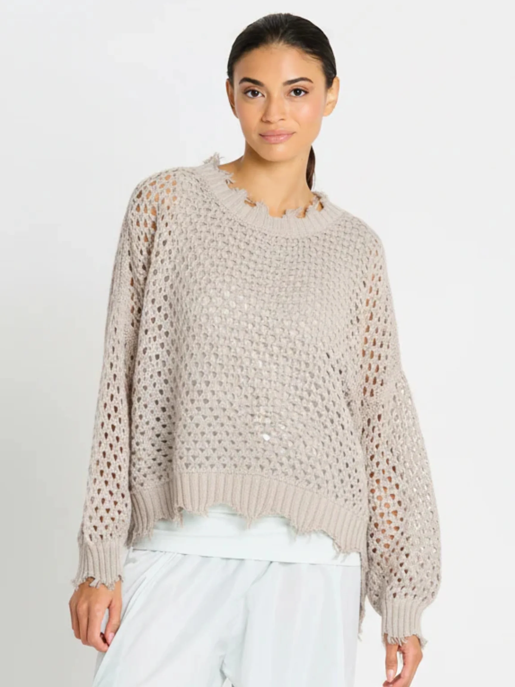 Hamptons Crewneck Crochet Sweater in Putty